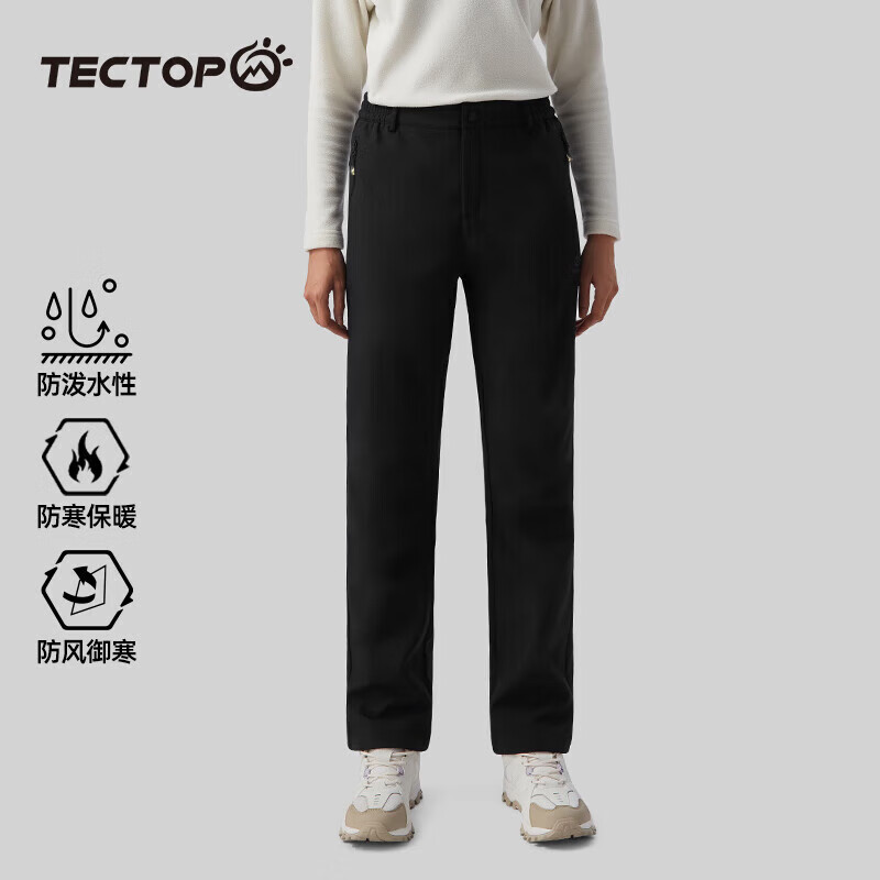 探拓（TECTOP）户外冲锋裤情侣软壳裤男内里加绒保暖休闲裤长裤弹力宽松登山裤子 女款黑色 M