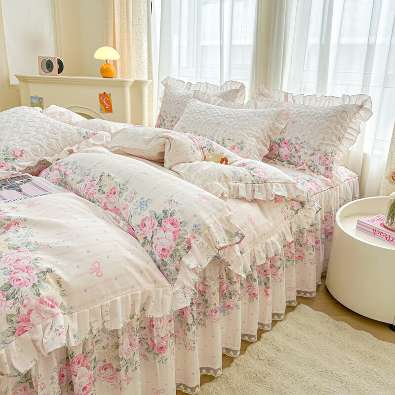 诸禄田园风小碎花全棉床围裙四件套高端轻奢夹棉床罩防滑花边被套四季 亚瑟花园 床裙款 2.0*2.2四件套-被套2*2.3