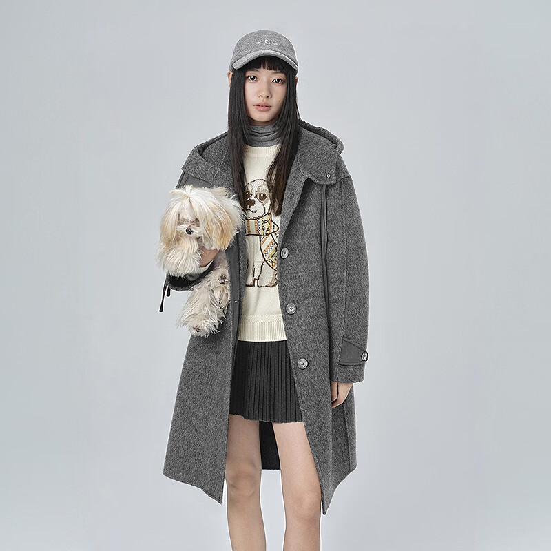 乐町【商场同款】乐町中长款羊毛呢大衣冬款耗牛绒连帽外套C2AAF4334 银烛灰（现货） M