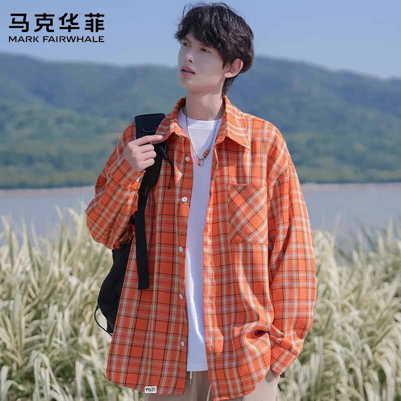 马克华菲(MARK FAIRWHALE)美式复古休闲长袖衬衫男士2026秋季新款宽松百搭潮牌运动高端上衣 橘色 【秋季新品】 L 【建议110-130斤】