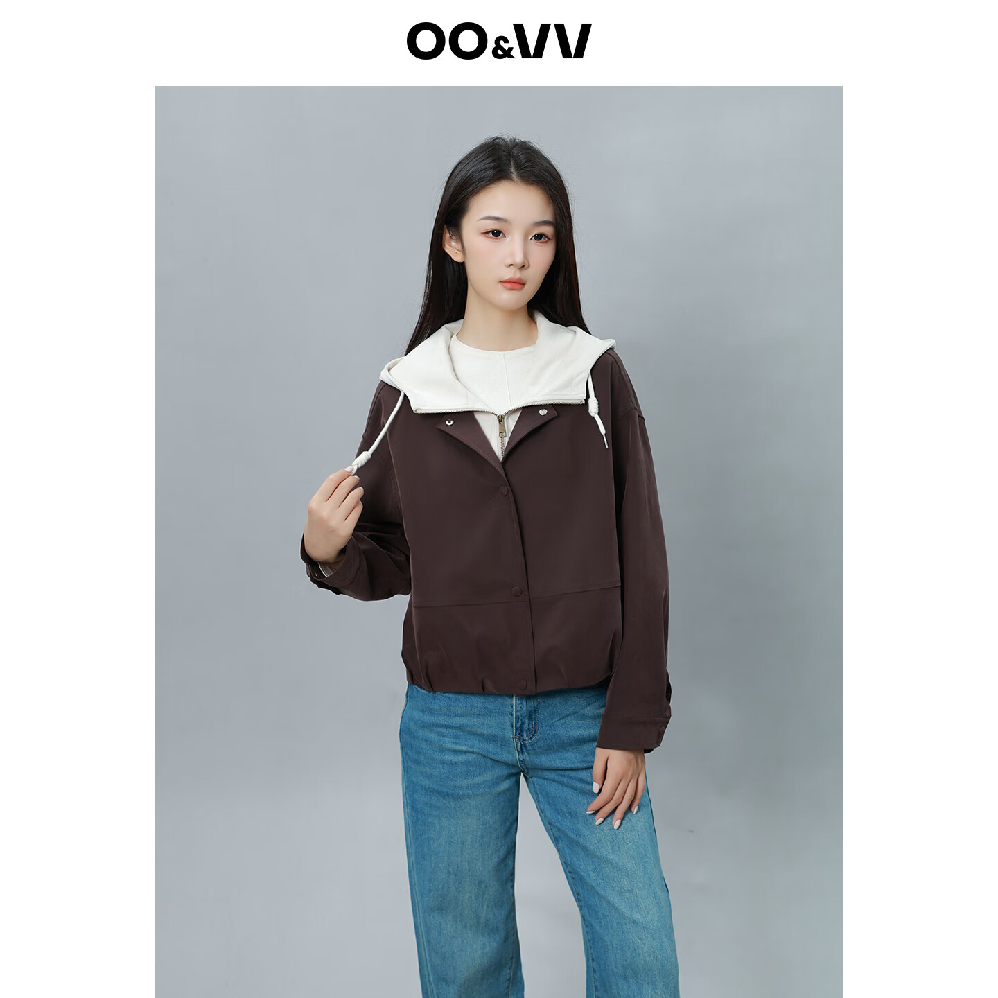 OO&VV2025年秋装新款撞色拼接连帽外套女设计时尚百搭显瘦上衣假期出游 摩卡棕 M