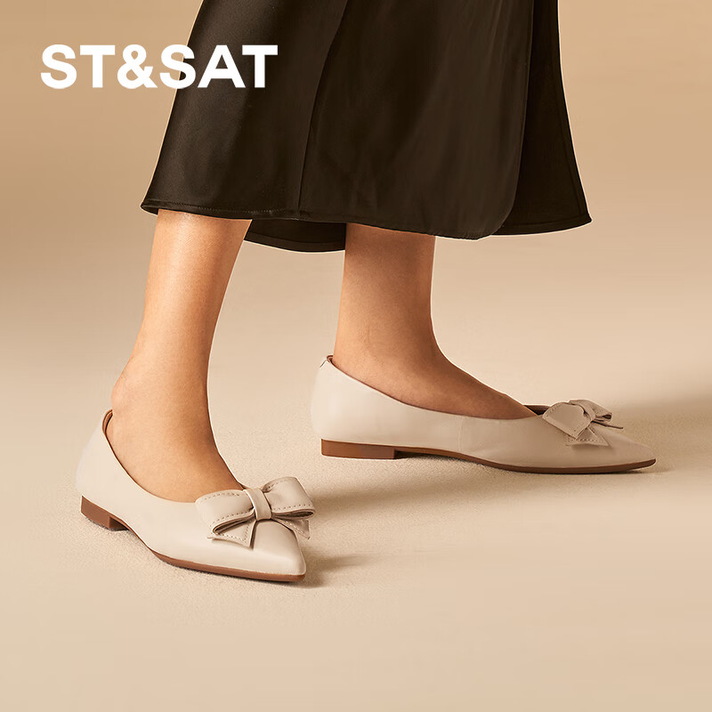 星期六（St&Sat）女鞋秋季新款时尚蝴蝶结约会通勤尖头低跟单鞋 米白色 35