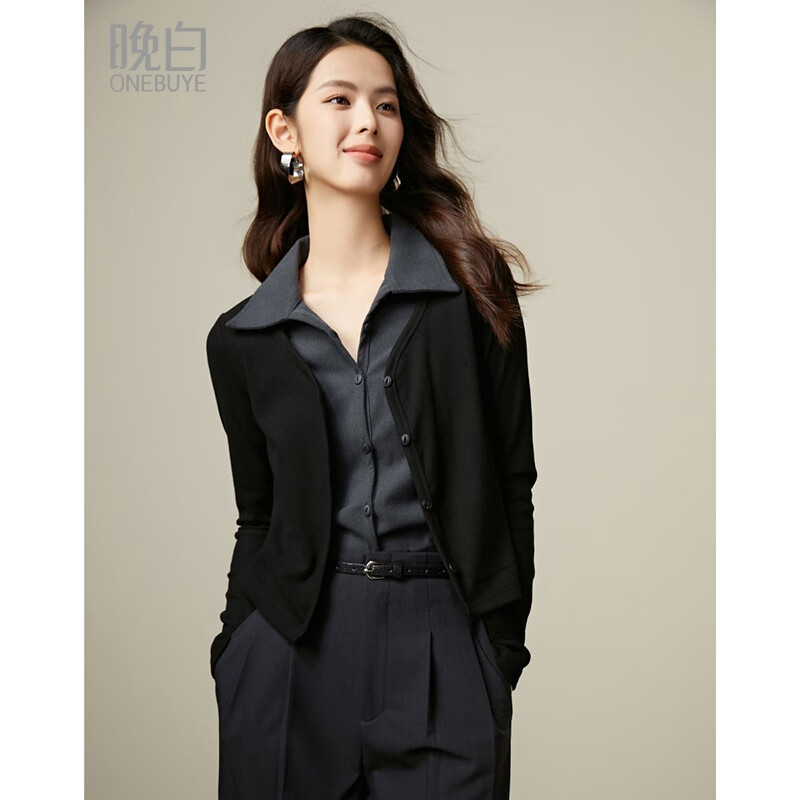 晚白【断码清仓】2026春款时尚假两件上衣修身显瘦百搭减龄开衫衬衫女 黑色 XL