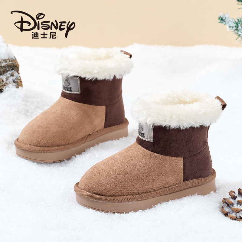 迪士尼（Disney）儿童棉鞋冬季加绒加厚雪地靴户外防寒中筒大棉鞋 深棕 31