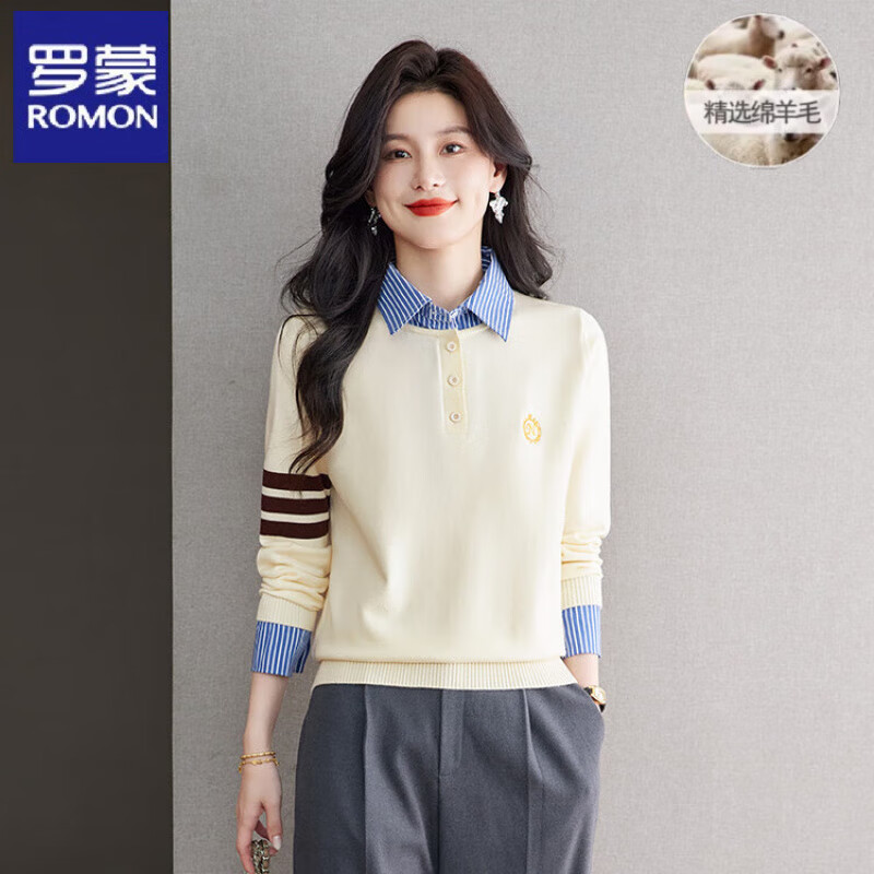 罗蒙（ROMON）减龄假两件羊毛衫女2026春秋新款衬衫领针织打底衫高级设计感上衣 米色 L