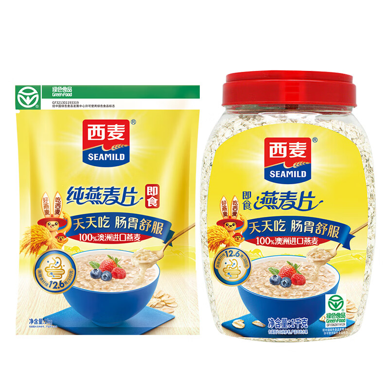 西麦即食燕麦片1000g袋谷物代餐营养早餐无额外添加蔗糖 即食燕麦片1000g*1袋+1桶