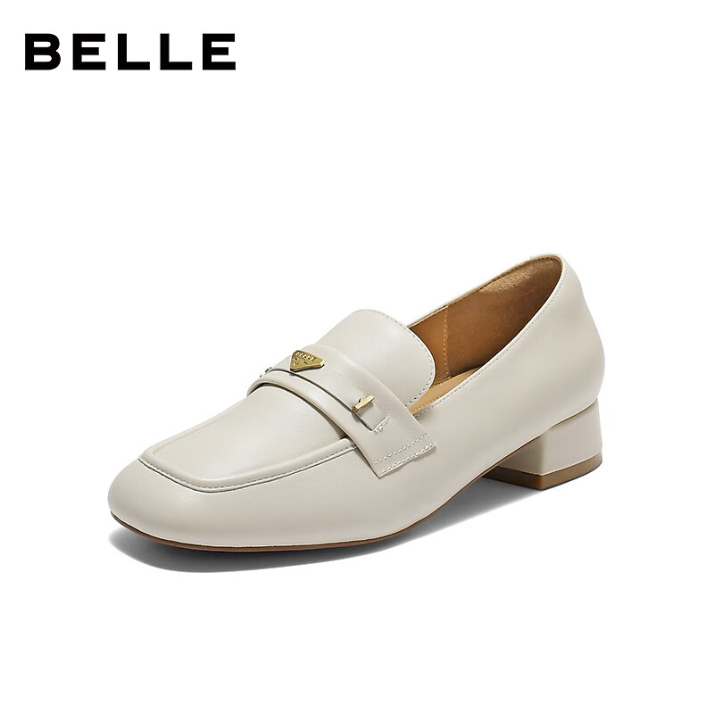 百丽（Belle）秀气乐福鞋女商场同款质感羊皮通勤乐福鞋E3C1DCA5 米白色--高跟 38 (240mm)