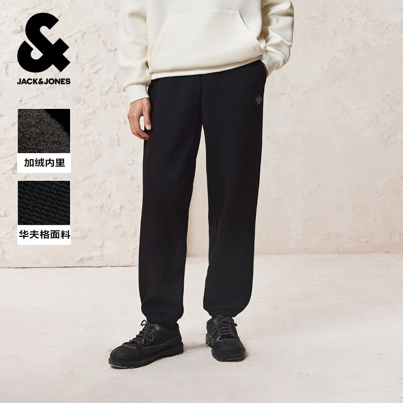 杰克·琼斯（JACK&amp;JONES）男装25年冬季加绒裤子男【四方来财】刺绣宽松运动休闲裤束脚卫裤 E40黑色 常规 31 175