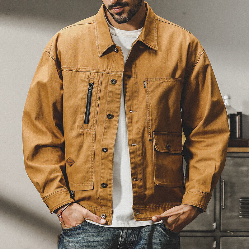 仓石一树美式工装复古重磅鱼骨纹夹克男春秋款阿美咔叽硬汉猎装外套 焦糖色 XL 适合145-160斤