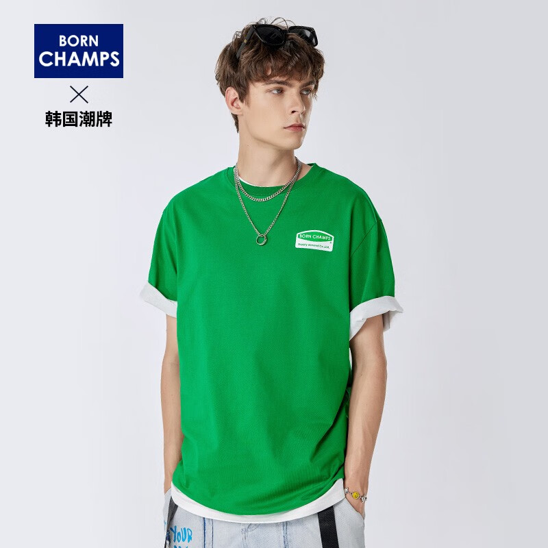 bornchamps 韩国潮牌短袖t恤男夏季衣服宽松圆领纯棉男装情侣t恤纯棉