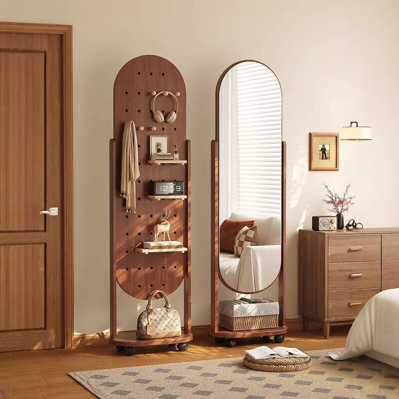 海诗圣堡洞洞板穿衣镜旋转全身镜可移动落地镜家用衣挂架一体镜子试衣镜子 胡桃色 40*170【简约板】【万向轮】
