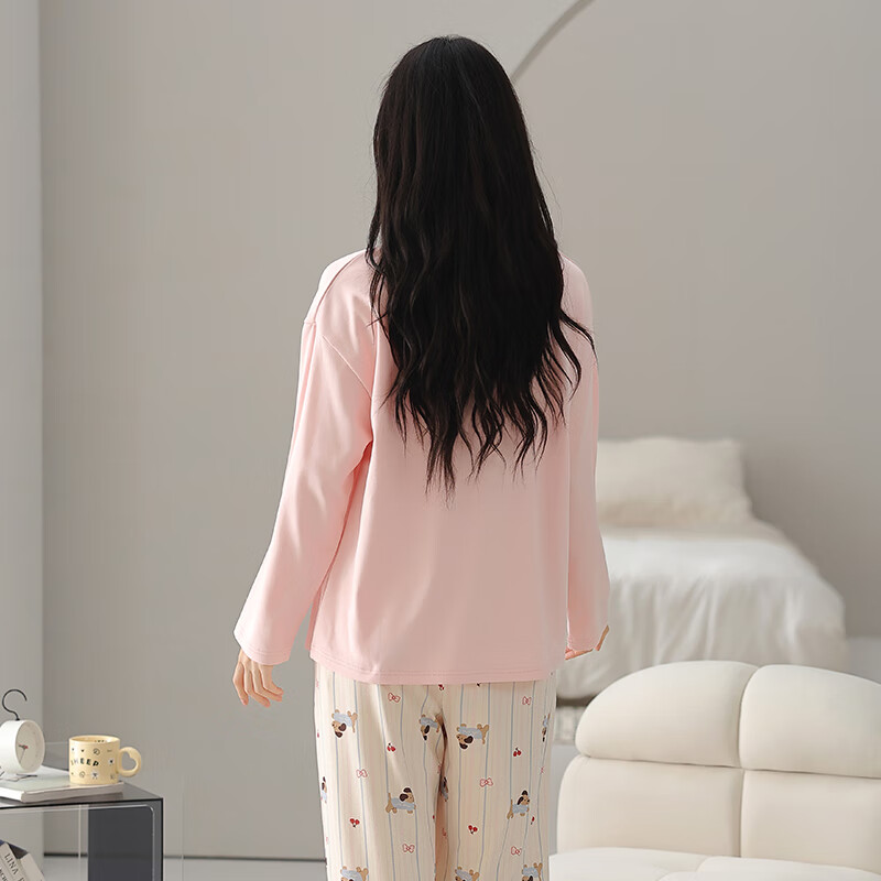 芬腾睡衣女【100%纯棉】秋冬新款圆领长袖卡通睡衣女家居服套装女神节 粉色 XL