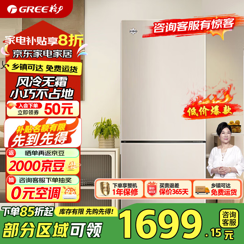 格力（GREE）晶弘冰箱226升双开门出租房办公室家用风冷无霜小巧不占地小巧不占地节能变频BCD-226WECL/现代金