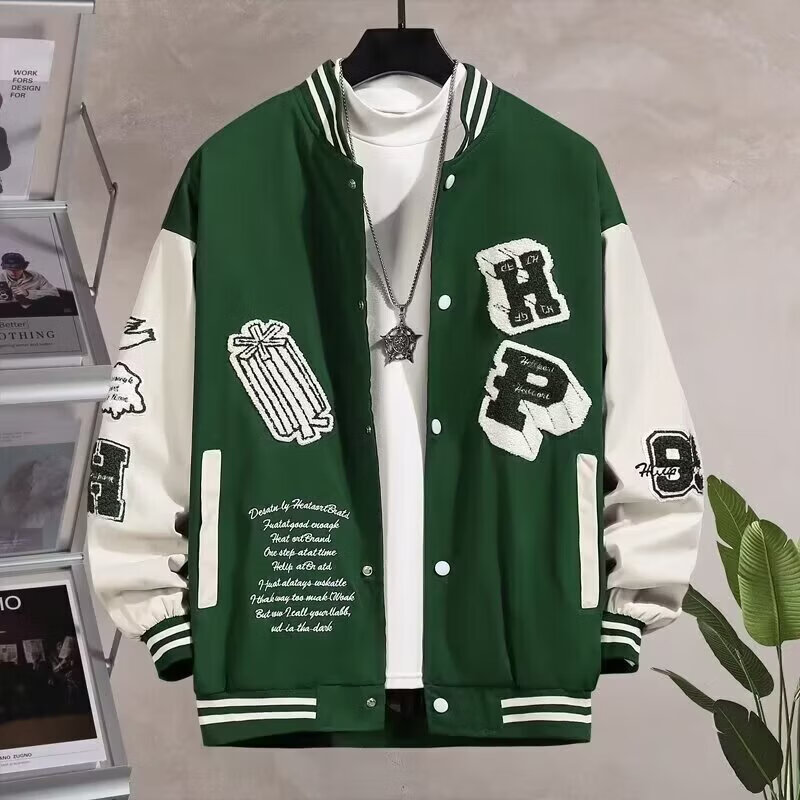 极巅欧美复古高街头潮牌刺绣棒球服男女春秋嘻哈夹克炸街情侣外套 绿色 XL