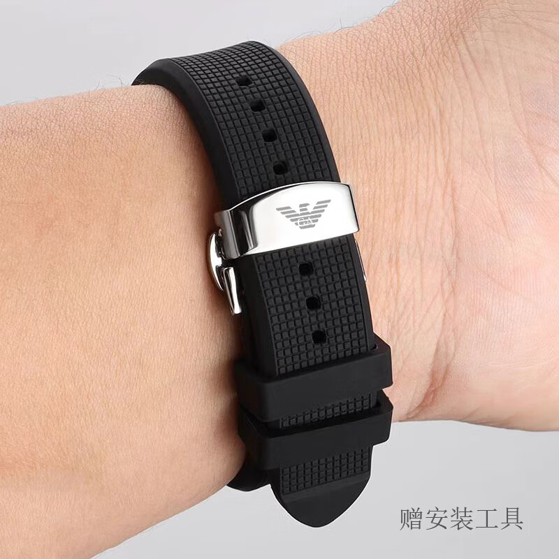适配阿玛尼硅胶表带AR60007/AR1894aAR2447系列黑色-银蝴蝶扣22mm 黑色+银蝴蝶扣 22mm【表带宽度】