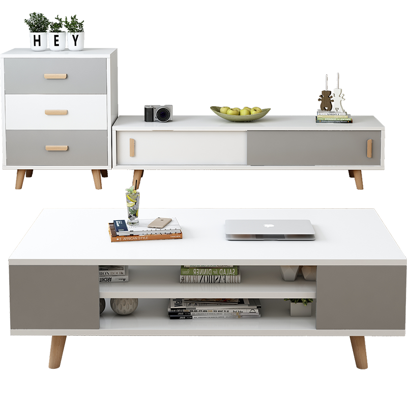 初暖 北欧茶几电视柜组合简易茶几双层小户型可定制无油漆款实木客厅家具 浅胡桃色 1米