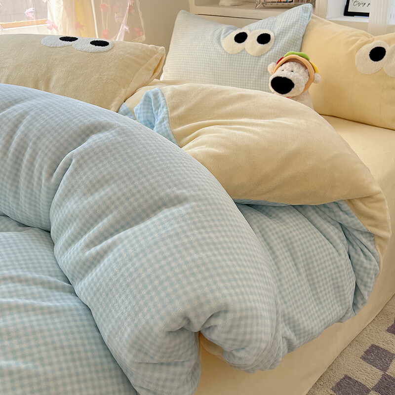 苏萱ins奶油风牛奶绒床上四件套冬季加厚珊瑚绒面被套床单人宿舍床品 绒毛巾绣-大眼萌蓝格黄黄 1.8m 床单款 四件套-被套200x230cm