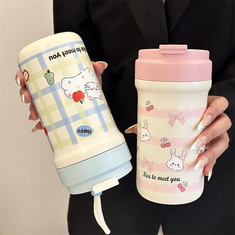 鸿迪卡通双饮保温杯女生高颜值316不锈钢便携咖啡杯吸管学生水杯子 蓝色格子喵 500ml 双饮+茶仓