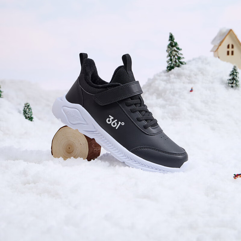 361°儿童运动鞋男童跑鞋秋冬密网轻便魔术贴女童皮革加绒保暖运动鞋 【皮革加绒】碳黑/361度白 38