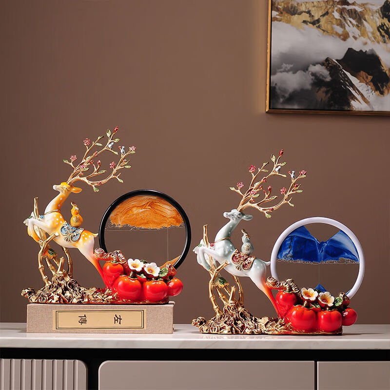 OYKTN新中式客厅桌面摆件装饰品创意电视柜玄关摆设工艺品乔迁新居礼品 天蓝色：胸有成竹鹿摆件+蓝色流沙画