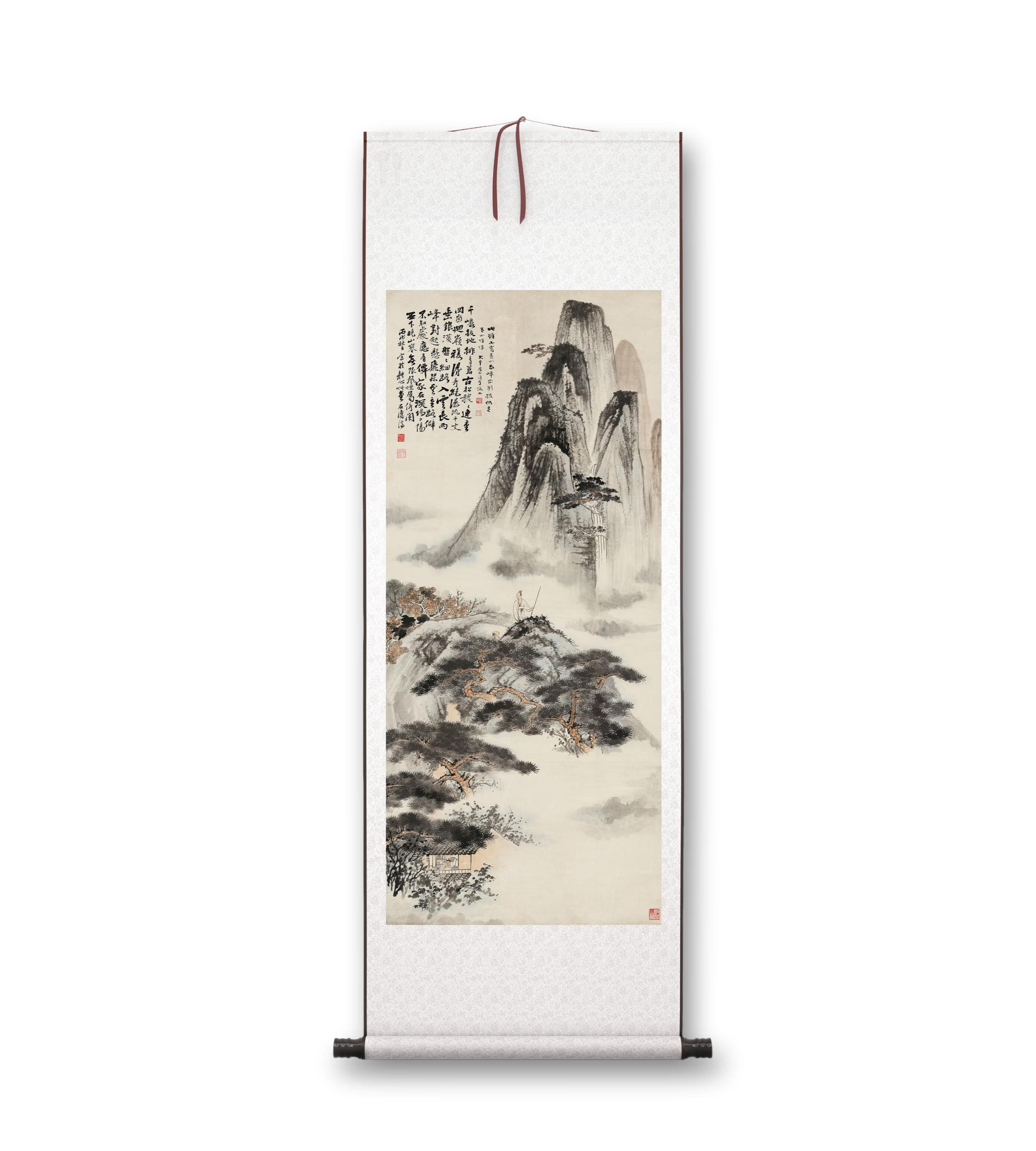 客厅书房茶室装饰挂画玄关水墨高清卷轴字画 已装裱挂轴银白色锦绫 心