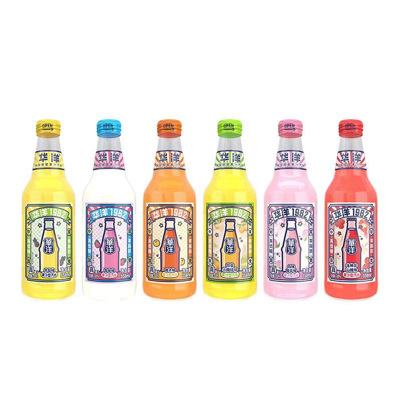 华洋1982汽水果味碳酸饮料358ml*12瓶玻璃瓶装低糖0脂网红饮品