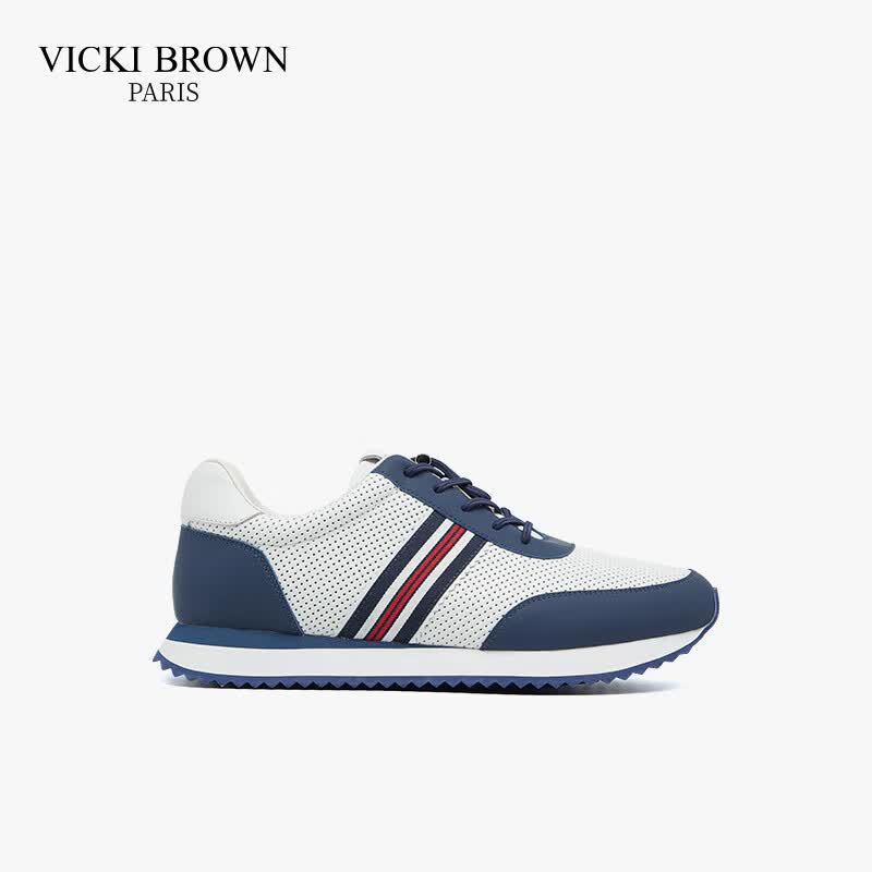 未毕(VICKI BROWN)法国品牌VB男鞋【胜利系列】新款透气网面休闲鞋潮流舒适条纹皮鞋 白蓝 41