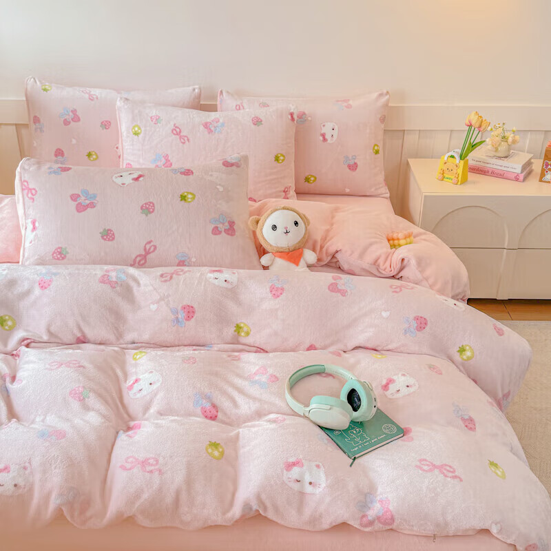 软贝小清新牛奶绒床上四件套保暖毛绒床单被套学生宿舍秋冬款三件套 草莓猫咪 床单款 2.0m  被套200*230cm 四件套