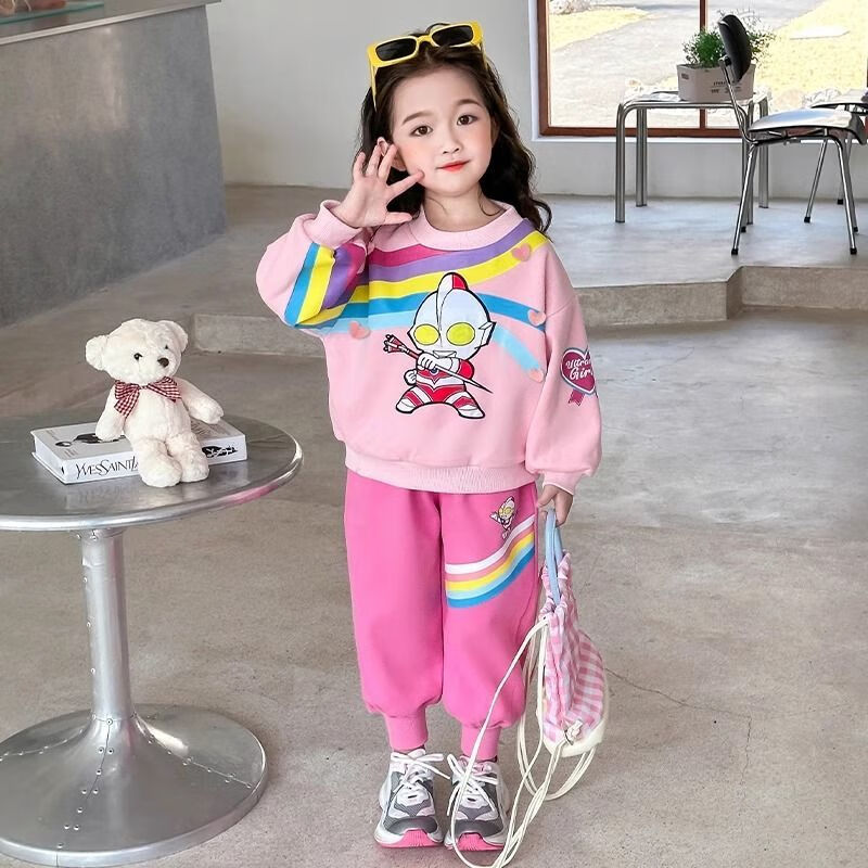 G.duck小黄鸭女童奥特曼发光春秋套装迪迦小女孩长袖衣服带灯运动两件套 【2件套】1766*粉色 100 码建议身高90-100cm