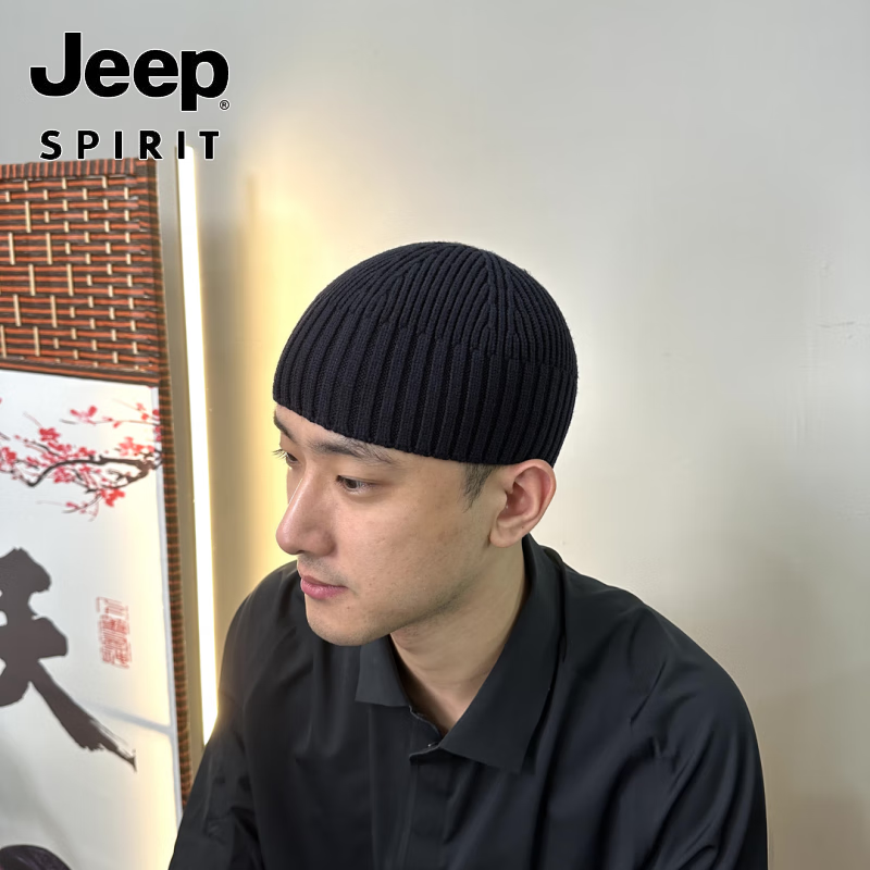 JEEP光板地主帽男女士秋冬季雅痞大头围钩针帽子毛线帽冷帽针织瓜皮帽 黑色