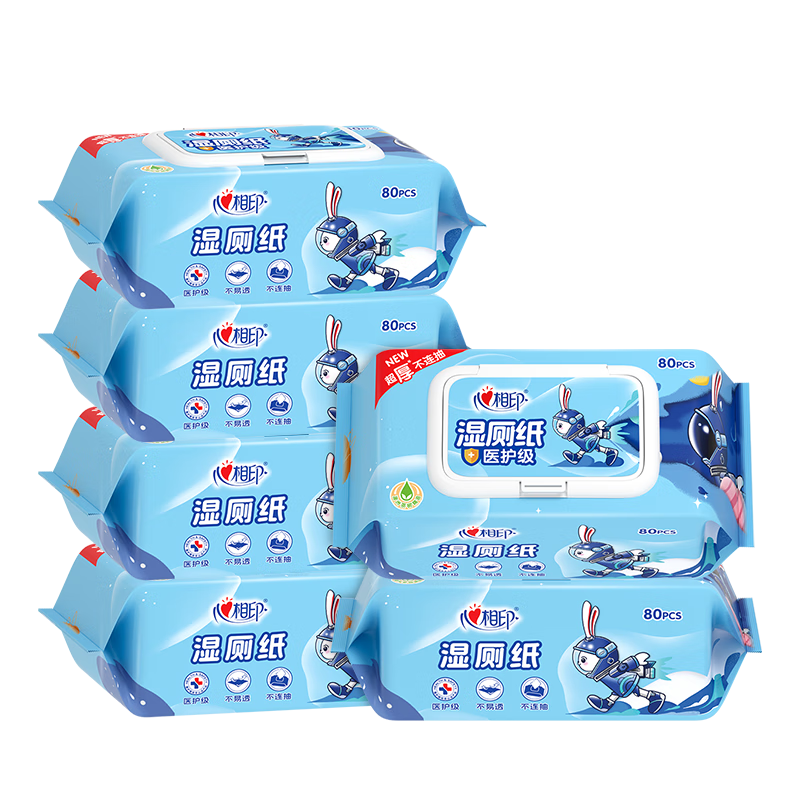 心相印茶樹精油濕廁紙 80片*6包XL碼 加大加厚款濕巾廁紙巾 家庭囤貨裝