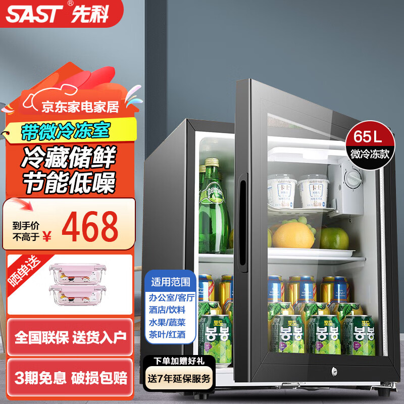 先科（SAST）冰吧冷藏柜 欧式恒温红酒柜办公室酒店家用电冰箱迷你小型单门电竞茶叶保鲜柜展示留样饮料药品柜 65升（冷藏+微冷冻+带锁）