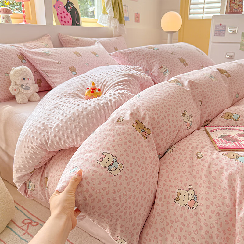 猫人（MiiOW）豆豆绒纯棉四件套双面被套秋冬加厚牛奶绒床单床笠宿舍床上三件套 豹纹-粉 【棉+绒双面设计】 2.0m 床单款 四件套-被套220*240cm