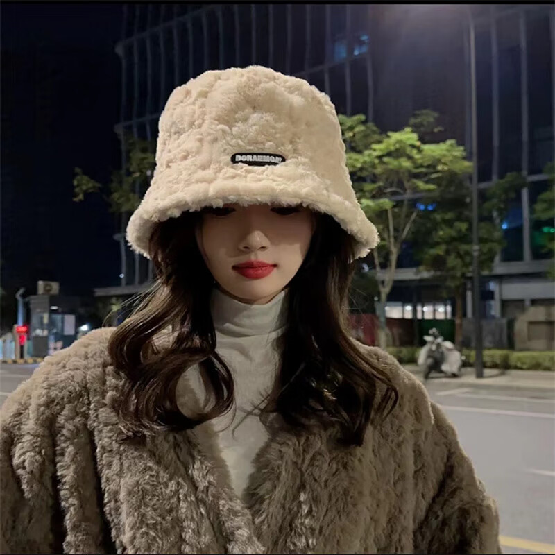窈欣毛绒渔夫帽子女秋冬羊羔绒加厚显脸小保暖韩版素颜黑色水桶盆帽 羊羔绒盆帽-米色 可调节