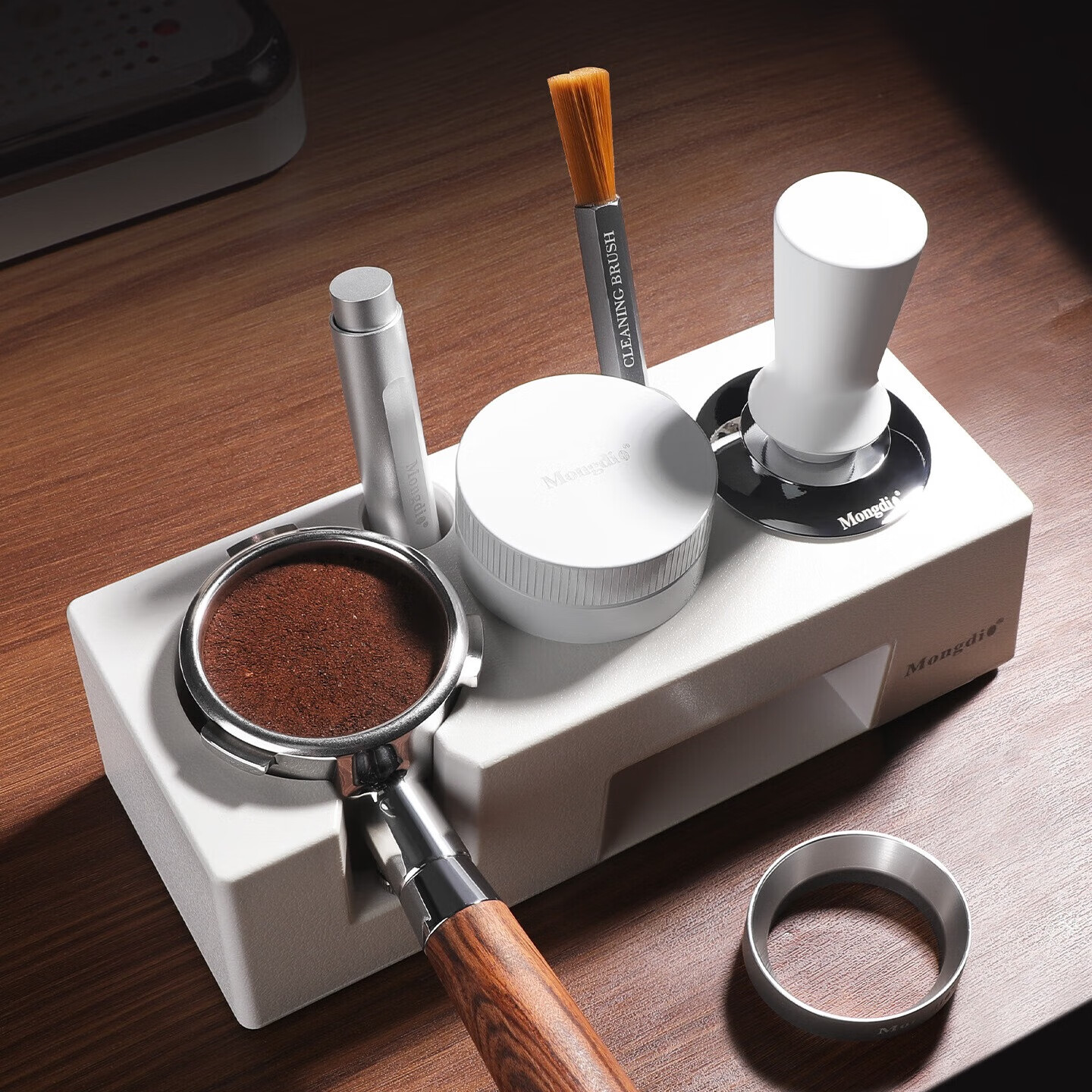 Mongdio咖啡壓粉器底座自重力布粉器壓粉錘意式手柄收納工具全套 51mm白色九件套