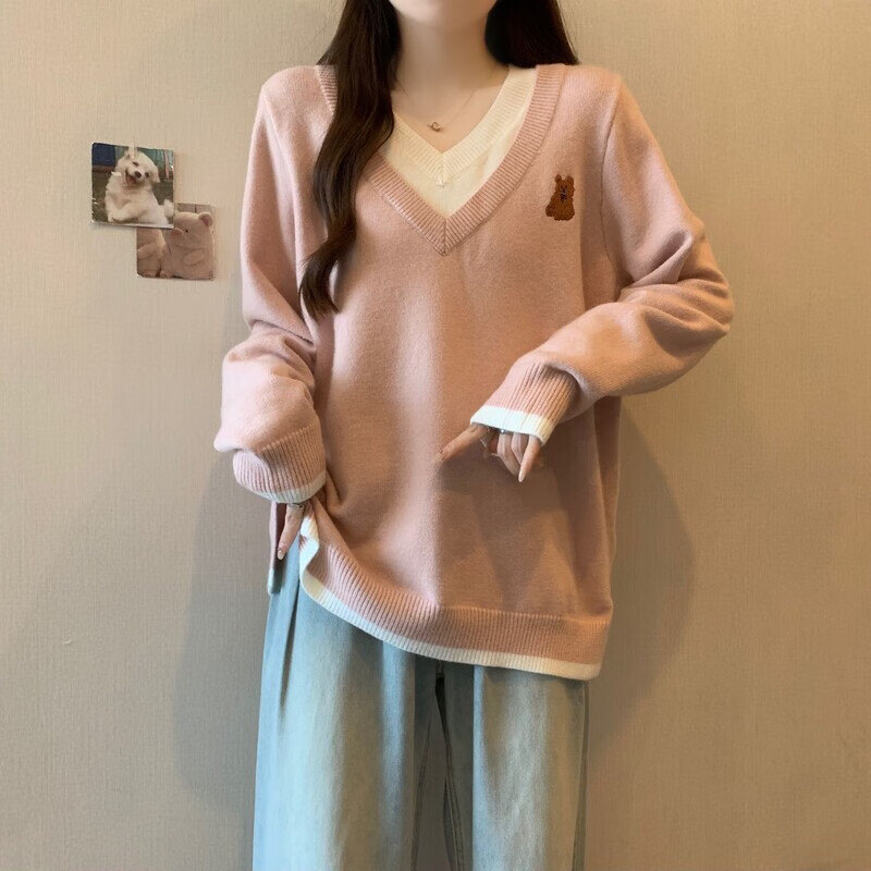 潮梦城打底衫女内搭可外穿洋气宽松显瘦假两件刺绣针织衫上衣秋冬V领毛 粉色 S （建议95斤以内）