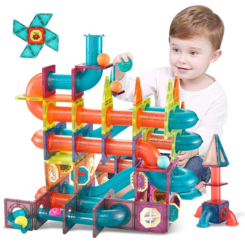 纽奇彩窗磁力片儿童玩具积木男孩女孩1-3-6岁新生儿礼盒生日礼物 轨道滚珠175件【礼盒+收纳袋】