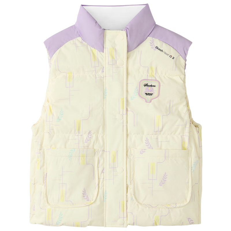 Skechers斯凯奇女童羽绒背心冬季儿童字母印花可爱保暖羽绒马甲L425G006 麦穗线条卡其满印/05WQ 150 充绒量54g
