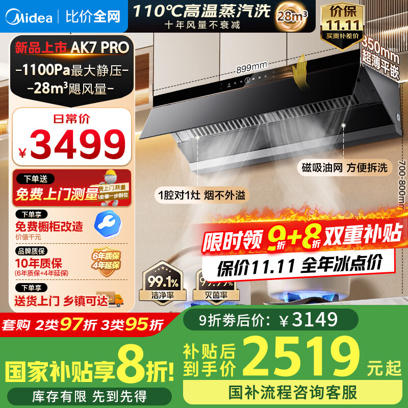 美的（Midea）【蒸汽洗AK7PRO】抽油烟机家用28风量1100Pa静压 顶侧一体自清洁高温蒸汽洗 AI变频巡航厨房油烟机 【行业顶配版】单烟机28超大风量