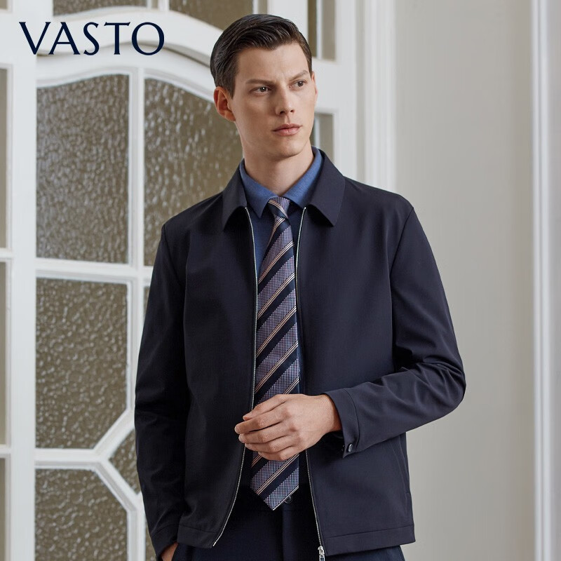 vasto华斯度男装2023秋季新款商务夹克深蓝色翻领秋装外套爸爸衣服 深