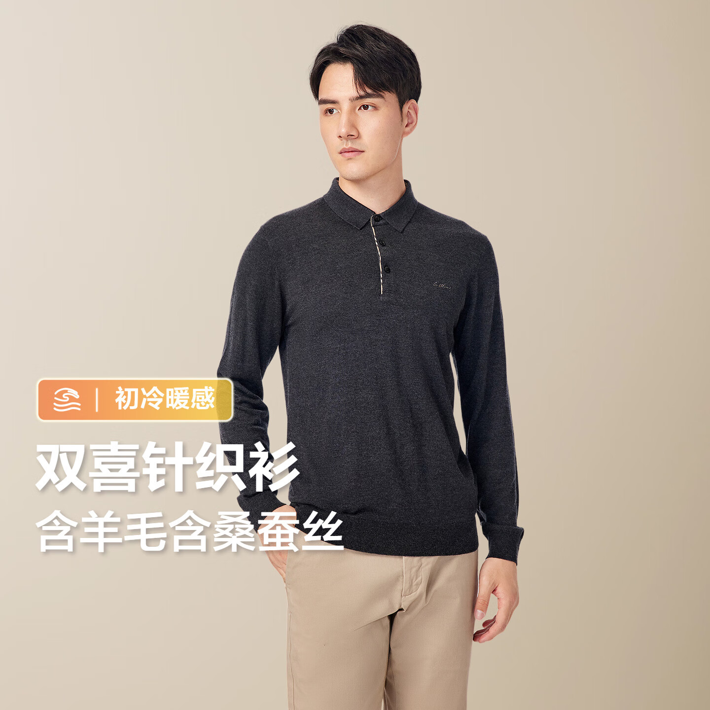 红豆针织衫男【含羊毛蚕丝】25秋新款柔软舒弹外穿打底衫长袖翻领t S4黎明灰 XL 180/96A