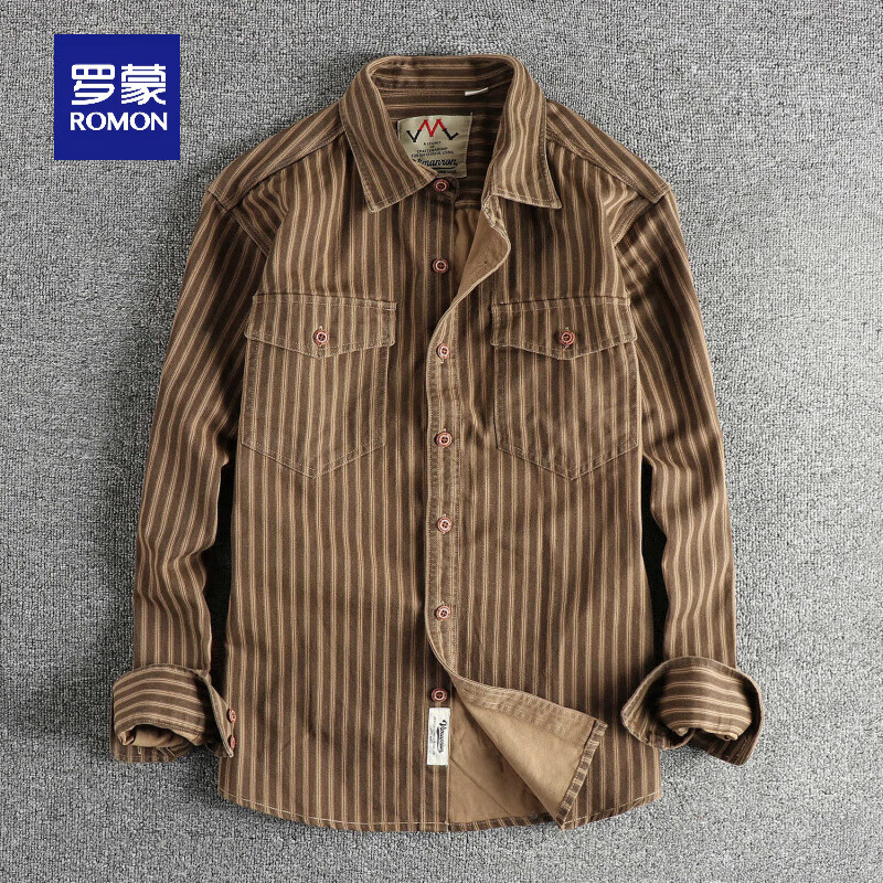 罗蒙(ROMON)复古风实拍美式潮流条纹男款长袖衬衫 梭织全棉水洗休闲工装外套 咖条纹 XL 150-160