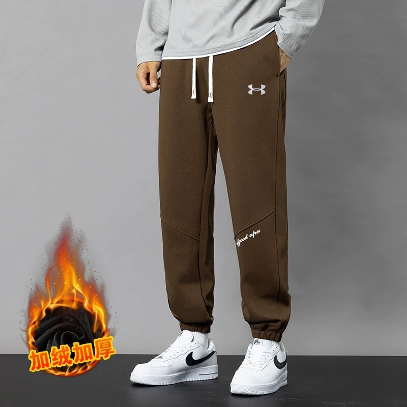 安德玛刺绣logo秋冬纯棉男士针织卫裤宽松束脚加绒运动裤保暖舒适长裤子 咖啡色冬季加绒款 L 建议体重100-120斤 京东折扣/优惠券