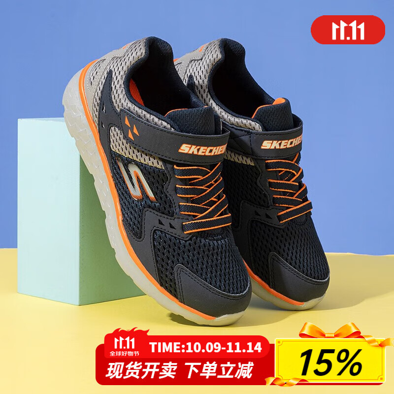 斯凯奇（Skechers）童鞋2024春秋新款男童魔术贴休闲鞋儿童轻便运动鞋跑步鞋大童 海军蓝色/灰色-NVGY 27.