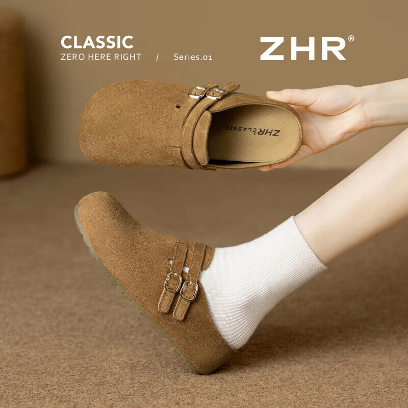 ZHR勃肯拖鞋女外穿舒适柔软半托懒人一脚蹬羊京绒慵懒休闲鞋子女 驼色 37