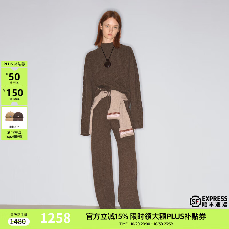 lost in echo2025早秋新款修身手绣绞花小高领套头毛衣直筒长裤女 深栗色毛衣 S