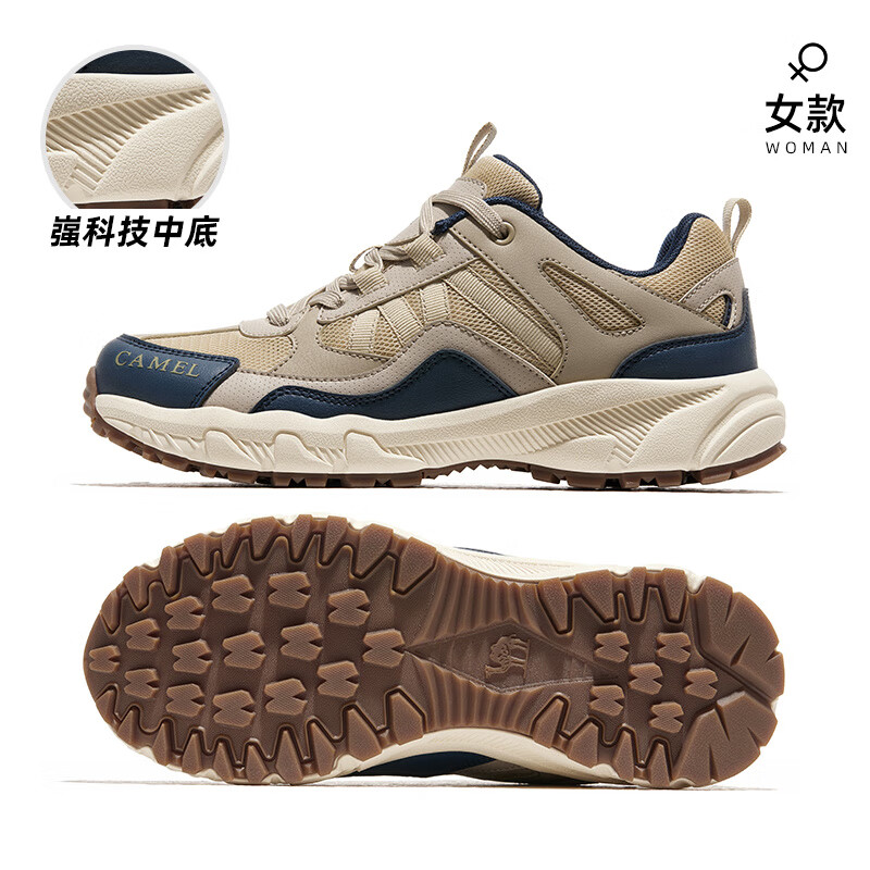 骆驼（CAMEL）盘龙登山鞋越野鞋户外鞋秋季新款防滑网面耐磨缓震徒步男女鞋 FB22236784T，卡其_蓝，女_透网版 35