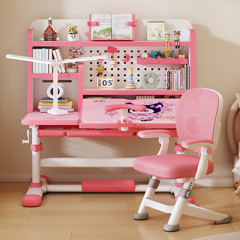森优匠儿童学习桌书桌椅套装6-18岁专用可升降带书架一体小学生写字课桌 匠心粉兔兔多区收纳书架+分区调节桌板+三角永定椅
