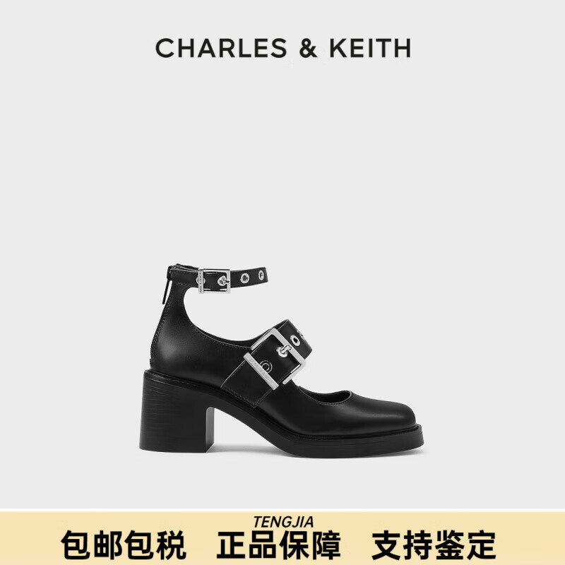 CHARLES&KEITH秋冬女鞋鉚釘腕帶粗跟瑪麗珍鞋高跟鞋 Black黑色 34