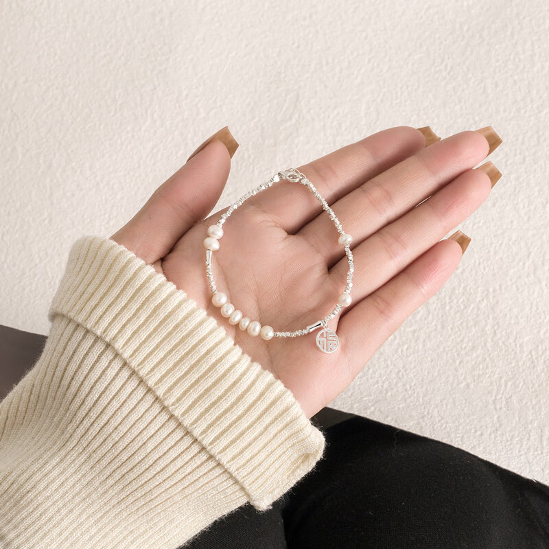 老银匠淡水珍珠碎银子手链女生纯银999轻奢小众精致福牌足银手镯感 999足银 一物一检【挚爱礼盒】